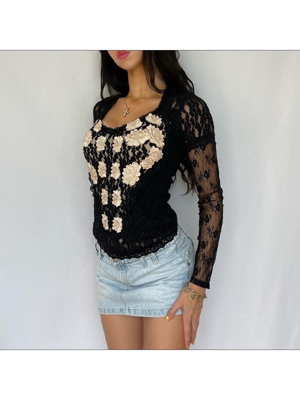 Gothic Coquette Black and Pink Lace Floral Top